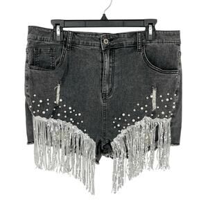 Black Stonewash Sequin Fringe Rhinestone Pearl Beads Shorts Sz XXL Stretch Denim